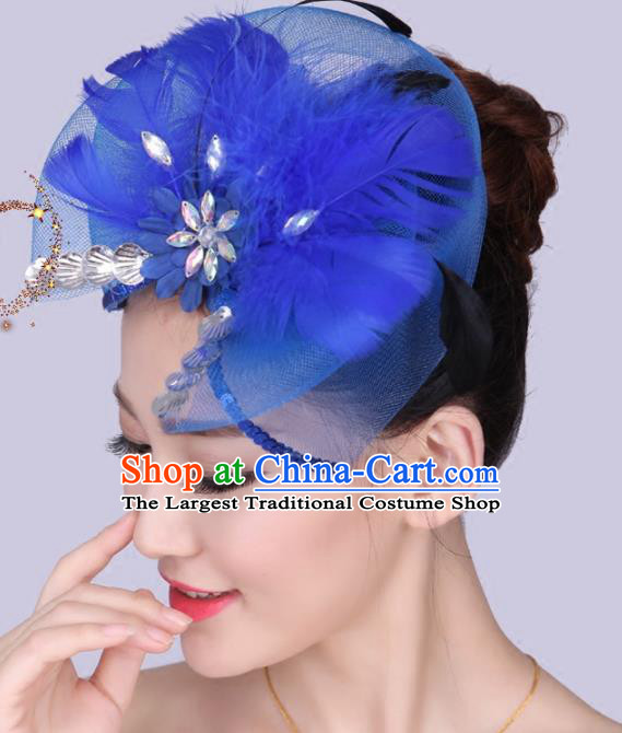 Chinese Traditional Yangko Dance Royalblue Feather Bowknot Hair Claw National Folk Dance Hair Accessories for Women