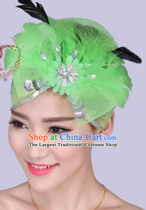 Chinese Traditional Yangko Dance Green Feather Bowknot Hair Claw National Folk Dance Hair Accessories for Women