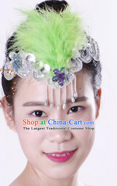 Chinese Traditional Yangko Dance Green Feather Tassel Hair Clasp National Folk Dance Hair Accessories for Women