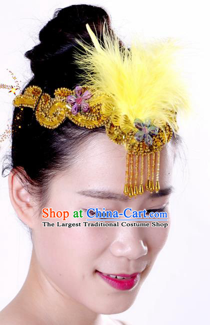 Chinese Traditional Yangko Dance Yellow Feather Tassel Hair Clasp National Folk Dance Hair Accessories for Women