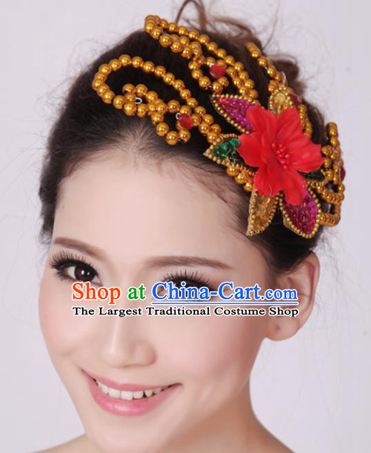 Chinese Traditional Yangko Dance Red Flower Hair Claw National Folk Dance Hair Accessories for Women