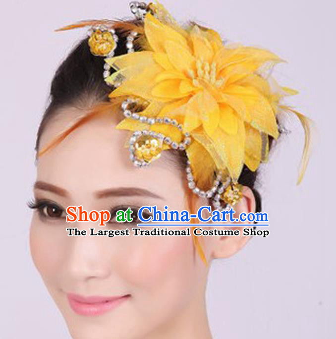 Chinese Traditional Yangko Dance Yellow Veil Peony Feather Hair Claw National Folk Dance Hair Accessories for Women