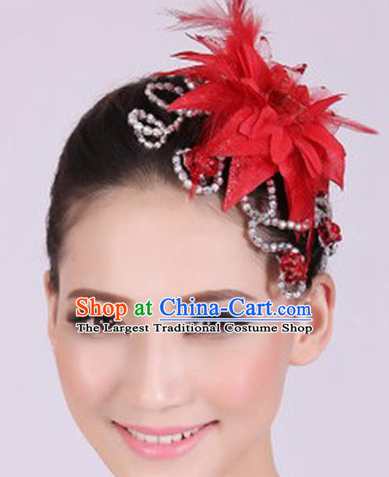 Chinese Traditional Yangko Dance Red Veil Peony Feather Hair Claw National Folk Dance Hair Accessories for Women