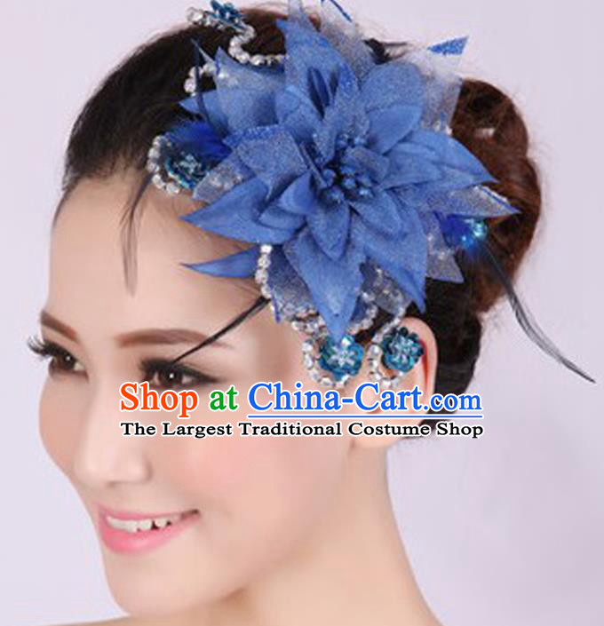 Chinese Traditional Yangko Dance Royalblue Veil Peony Feather Hair Claw National Folk Dance Hair Accessories for Women