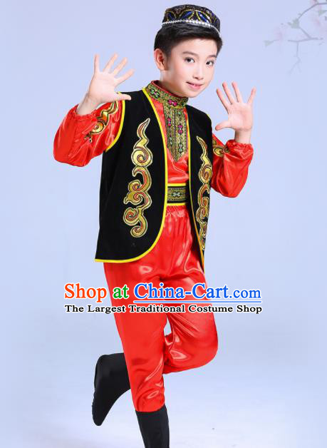 Chinese Traditional Uyghur Ethnic Folk Dance Costume Classical Dance Group Dance Red Dress for Kids