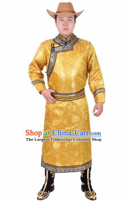 Chinese Traditional Mongol Ethnic Costume Nationality Golden Brocade Mongolian Robe for Men