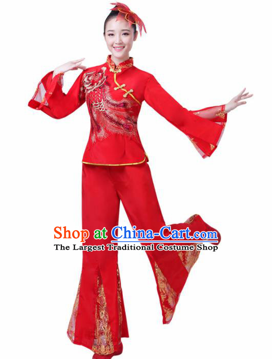 Chinese Traditional Stage Performance Fan Dance Red Costume Folk Dance Yangko Dance Dress for Women