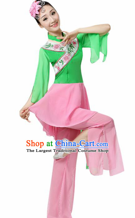 Chinese Traditional Stage Performance Fan Dance Green Costume Folk Dance Yangko Dance Dress for Women