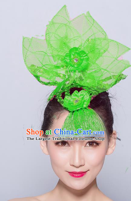 Chinese Traditional Folk Dance Hair Accessories Stage Performance Yangko Dance Green Veil Headwear for Women