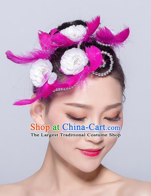 Chinese Traditional Folk Dance Hair Accessories Stage Performance Yangko Dance Rosy Feather Hair Stick for Women