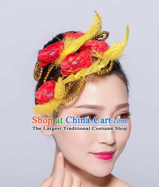 Chinese Traditional Folk Dance Hair Accessories Stage Performance Yangko Dance Yellow Feather Hair Stick for Women