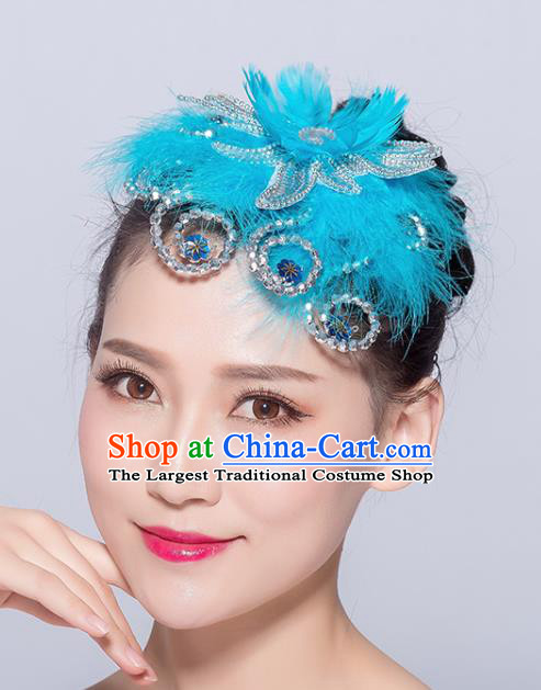 Chinese Traditional Folk Dance Blue Feather Hair Accessories Stage Performance Yangko Dance Hair Stick for Women