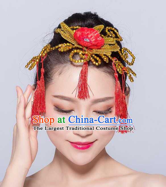 Chinese Traditional Yangko Dance Red Flower Tassel Hair Stick National Folk Dance Hair Accessories for Women