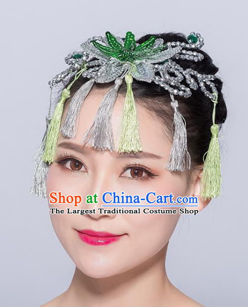 Chinese Traditional Yangko Dance Green Flower Tassel Hair Stick National Folk Dance Hair Accessories for Women