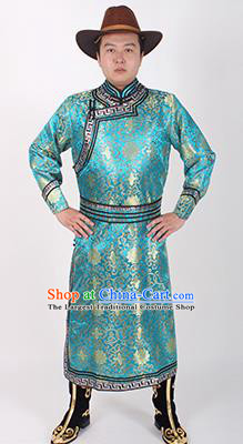Chinese Traditional Mongol Ethnic Costume Nationality Blue Brocade Mongolian Robe for Men