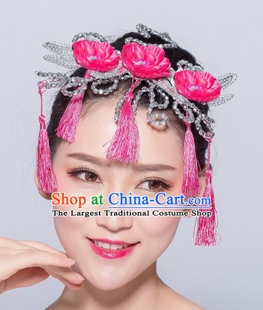 Chinese Traditional Yangko Dance Rosy Flowers Tassel Hair Stick National Folk Dance Hair Accessories for Women