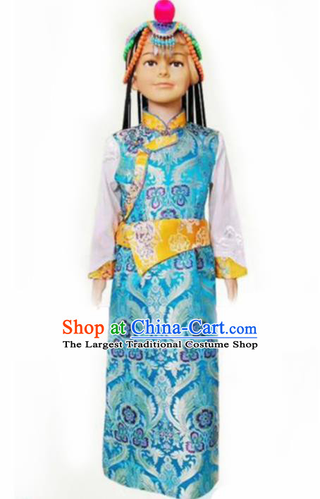 Chinese Traditional Tibetan Girls Kham Blue Dress Zang Nationality Heishui Dance Ethnic Costumes for Kids