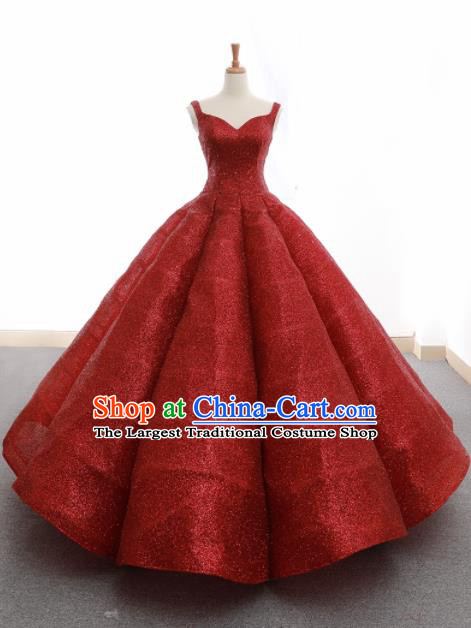 Top Grade Compere Wine Red Veil Bubble Full Dress Princess Embroidered Wedding Dress Costume for Women