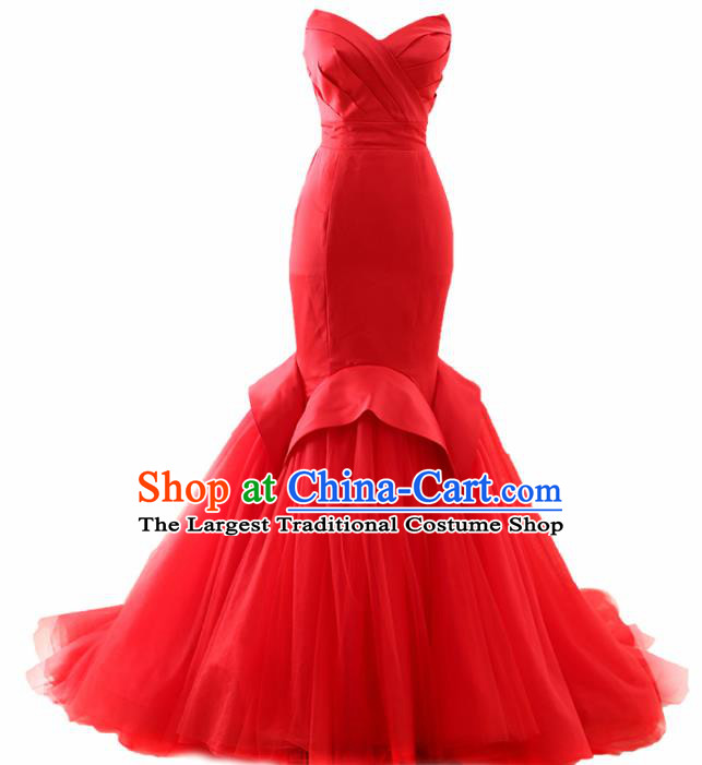 Top Grade Compere Red Veil Fishtail Trailing Full Dress Princess Embroidered Wedding Dress Costume for Women