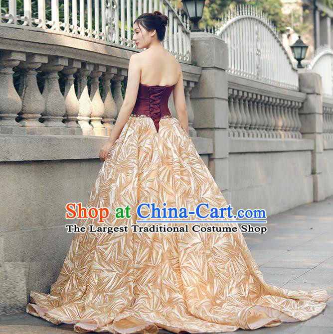 Top Grade Compere Golden Veil Trailing Full Dress Princess Embroidered Wedding Dress Costume for Women