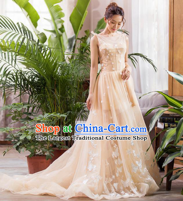 Top Grade Compere Champagne Full Dress Princess Embroidered Trailing Wedding Dress Costume for Women