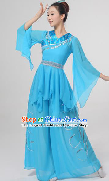 Chinese National Folk Dance Costume Traditional Yangko Dance Fan Dance Blue Clothing for Women