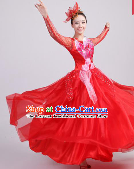 Chinese Traditional Spring Festival Gala Opening Dance Red Veil Dress Modern Dance Costume for Women