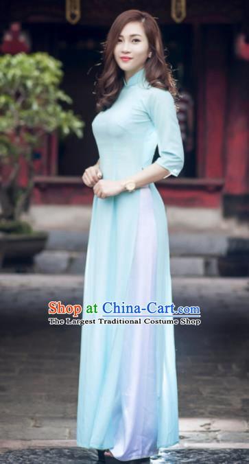 Asian Vietnam Traditional Cheongsam Vietnamese Classical Aodai Light Blue Qipao Dress for Women