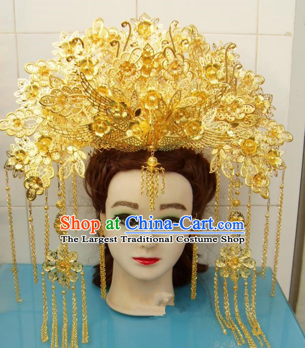 Chinese Traditional Goddess Hair Accessories Ancient Princess Hairpins Golden Tassel Phoenix Coronet for Women