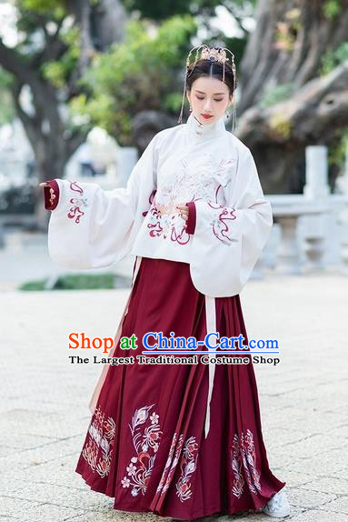 Chinese Traditional Wine Red Hanfu Dress Ancient Ming Dynasty Palace Princess Embroidered Costume for Women