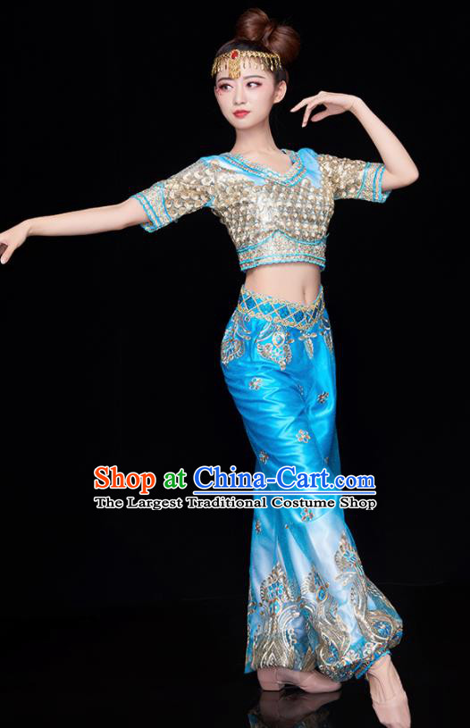 Chinese National Folk Dance Indian Dance Blue Costume Traditional Yangko Dance Fan Dance Clothing for Women
