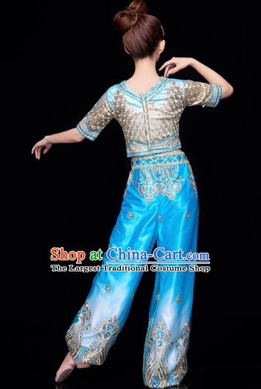 Chinese National Folk Dance Indian Dance Blue Costume Traditional Yangko Dance Fan Dance Clothing for Women