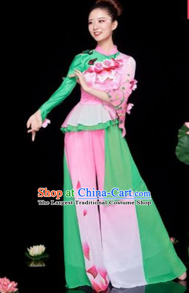 Chinese National Folk Dance Lotus Dance Pink Costume Traditional Yangko Dance Fan Dance Clothing for Women