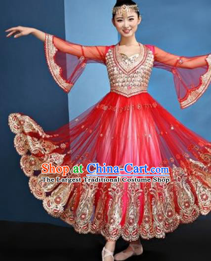 Chinese Traditional Ethnic Folk Dance Red Dress Uyghur Nationality Dance Costume for Women