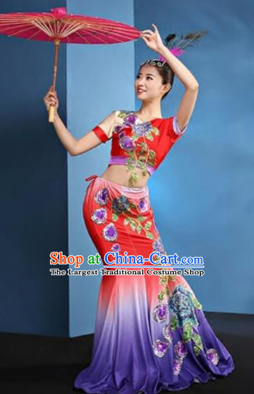 Chinese Traditional Ethnic Folk Dance Red Dress Dai Nationality Peacock Dance Costume for Women