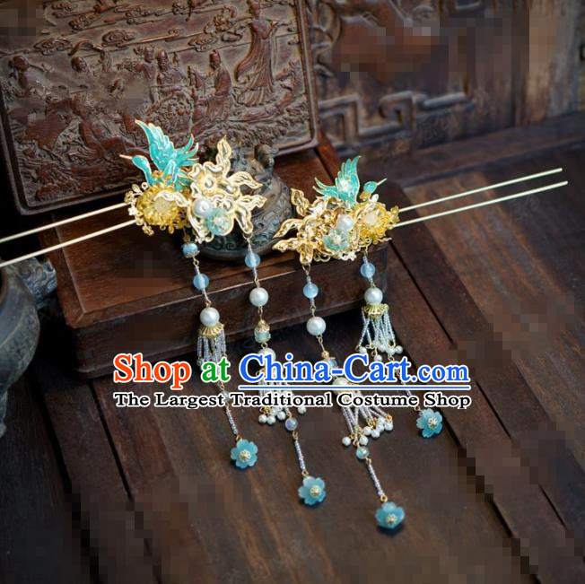 Chinese Traditional Hair Accessories Ancient Bride Crane Hairpins Handmade Tassel Step Shake Headwear for Women