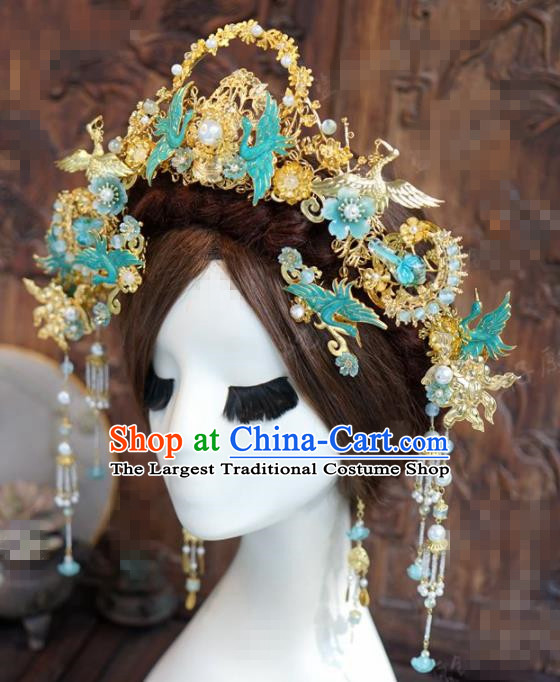 Chinese Traditional Handmade Blueing Cranes Phoenix Coronet Ancient Hairpins Hair Accessories Complete Set for Women