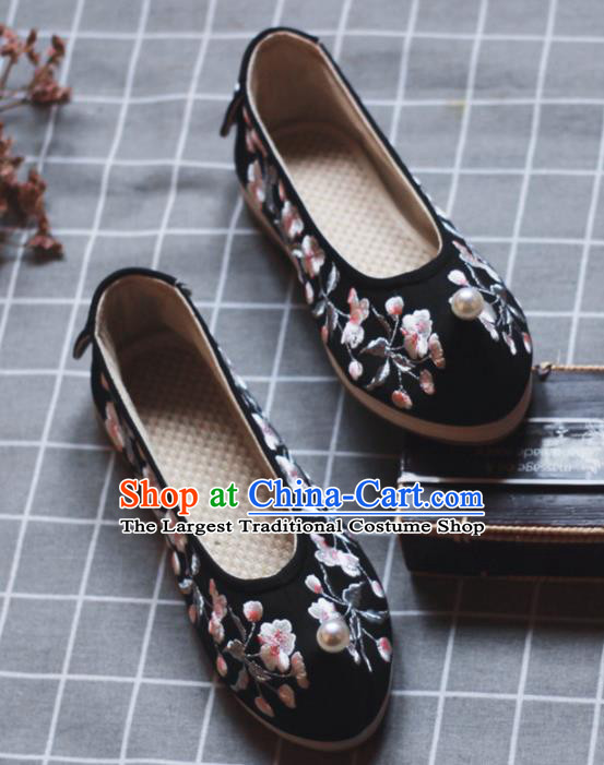 Asian Chinese Wedding Hanfu Shoes Traditional Ancient Princess Pearl Black Embroidered Shoes for Women