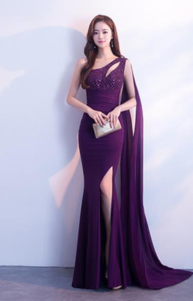 Top Grade Purple Trailing Full Dress Compere Modern Fancywork Costume Princess Wedding Dress for Women