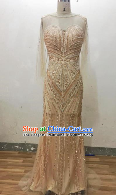 Professional Compere Embroidered Beads Champagne Full Dress Modern Dance Princess Wedding Dress for Women