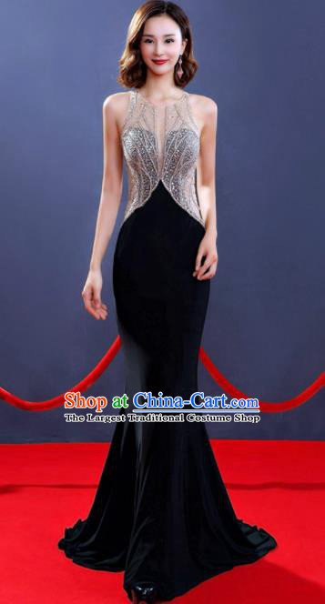 Professional Top Grade Diamante Black Full Dress Modern Dance Stage Performance Compere Costume for Women