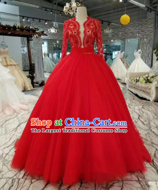 Professional Compere Costume Red Veil Full Dress Top Grade Modern Dance Princess Wedding Dress for Women