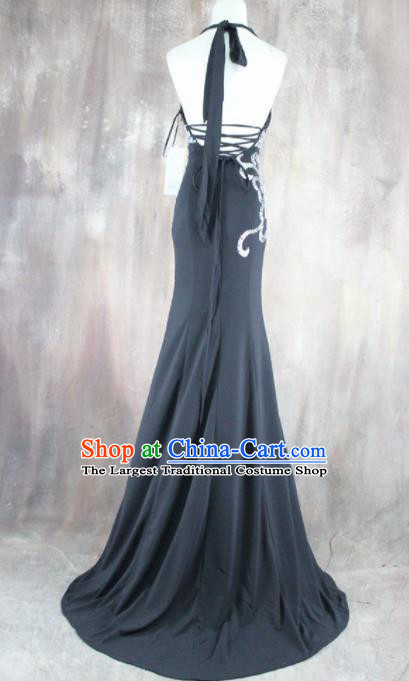 Top Grade Catwalks Black Trailing Evening Dress Compere Modern Fancywork Costume for Women