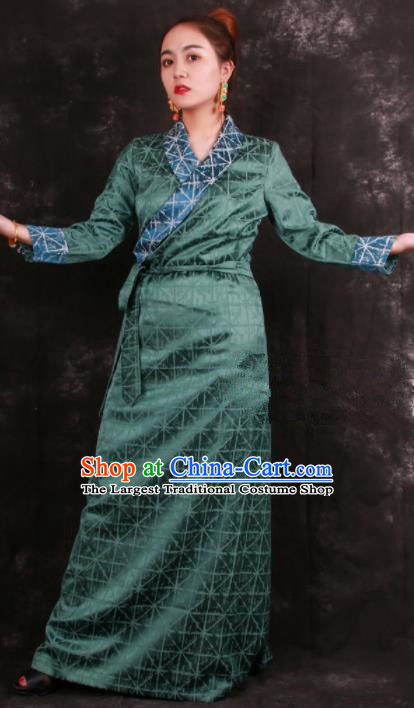 Chinese Traditional Tibetan Ethnic Green Brocade Dress Zang Nationality Heishui Dance Costume for Women