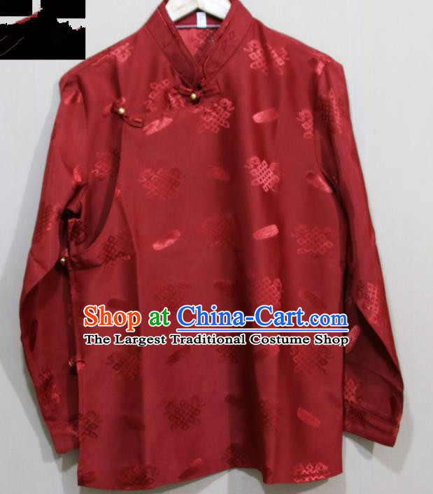 Chinese Traditional Tibetan Wine Red Shirt Zang Nationality Ethnic Folk Dance Costume for Men