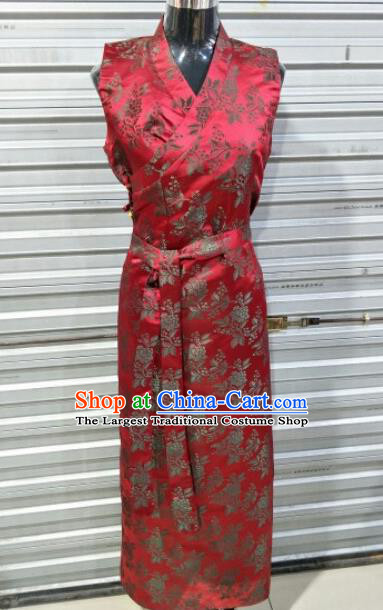 Traditional Chinese National Tibetan Ethnic Red Brocade Dress Zang Nationality Folk Dance Costume for Women