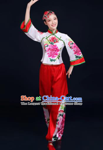 Traditional Chinese Folk Dance Printing Peony Clothing Yangko Dance Fan Dance Costume for Women