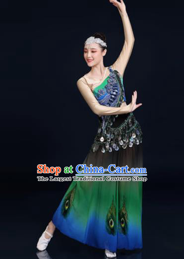 Traditional Chinese Ethnic Peacock Dance Green Dress Dai Nationality Stage Performance Costume for Women