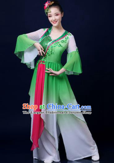 Traditional Chinese Classical Dance Green Veil Dress Umbrella Dance Stage Performance Fan Dance Costume for Women