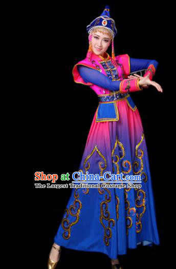 Traditional Chinese Ethnic Dance Blue Dress Mongolian Nationality Stage Performance Costume for Women
